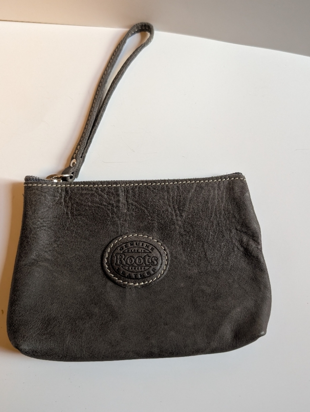 Roots Gray Leather Wristlet Pouch with Logo Patch